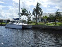 Catamaran docked along Alligator Creek