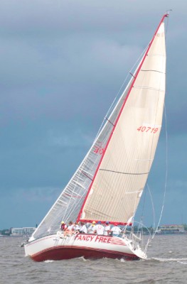 Sailing yacht Fancy Free beats on a port tack in Charlotte Harbor
